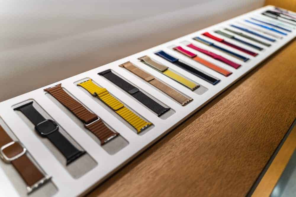 Dubai, UAE - February 2020: Colorful Apple watch straps or bands in Apple Store, close up.